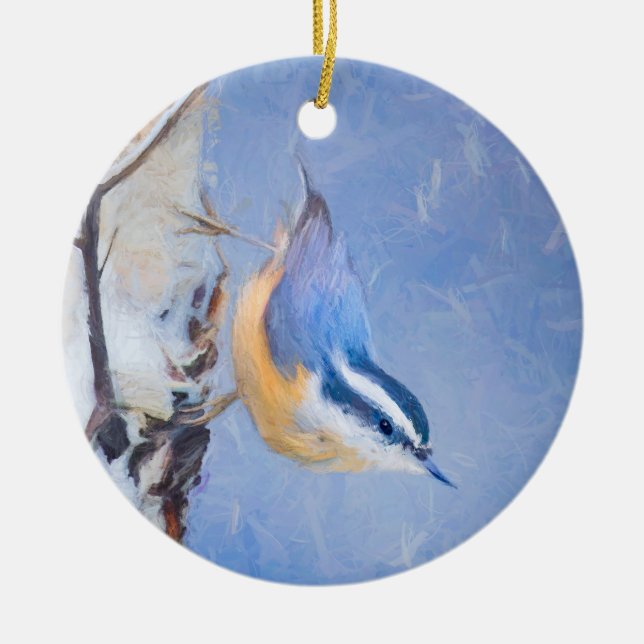 Red-Breasted Nuthatch Painting Original Bird Art Ceramic Tree Decoration (Front)
