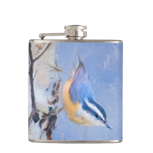 Red-Breasted Nuthatch Painting Original Bird Art Hip Flask