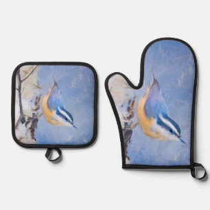Red-Breasted Nuthatch Painting Original Bird Art Oven Mitt & Pot Holder Set