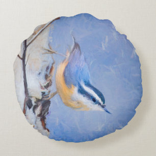 Red-Breasted Nuthatch Painting Original Bird Art Round Cushion