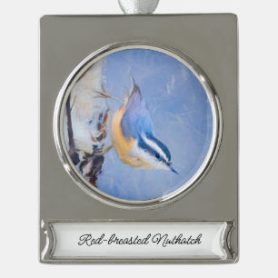 Red-Breasted Nuthatch Painting Original Bird Art Silver Plated Banner Ornament