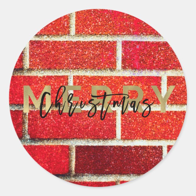 Red Brick & Glitter Holiday Merry Christmas Party Classic Round Sticker (Front)