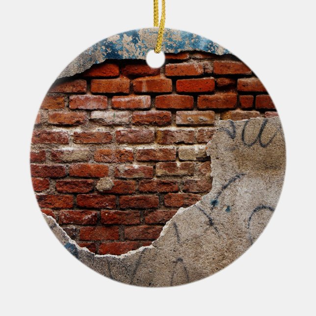 Red Brick Under Graffiti Laced Cement Wall Ceramic Tree Decoration (Front)