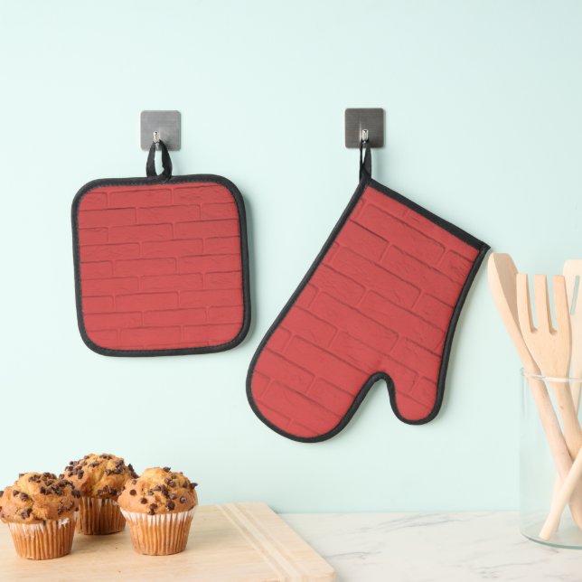 red brick wall oven mitt & pot holder set (Insitu(Hanging))