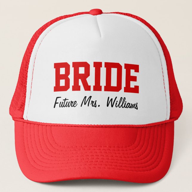 Red Bride Hat, Bride-to-Be Bachelorette Party Trucker Hat (Front)