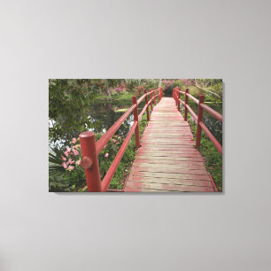 Red bridge over pond, Magnolia Plantation, Canvas Print