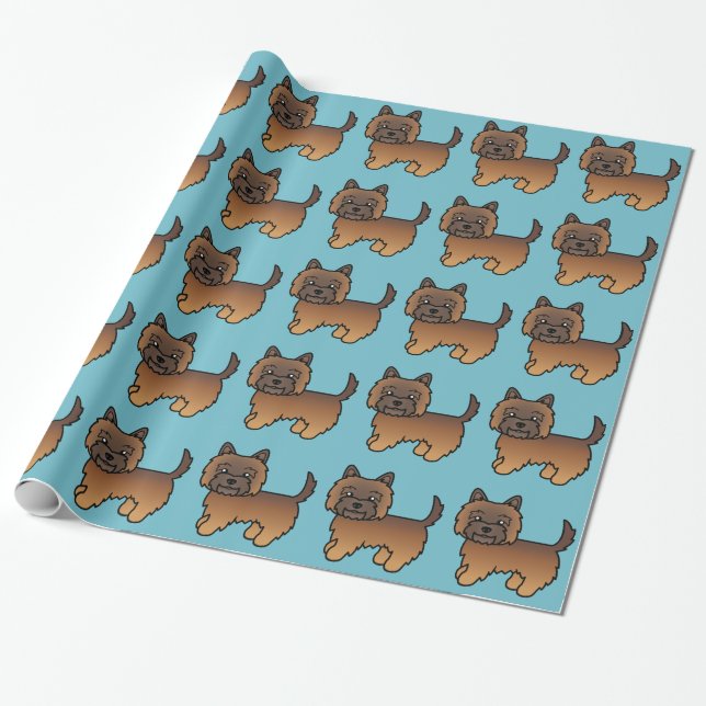 Red Brindle Cairn Terrier Cartoon Dog Pattern Blue Wrapping Paper (Unrolled)