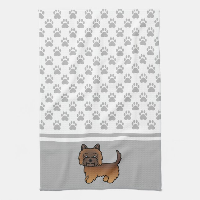 Red Brindle Cairn Terrier Dog & Grey Paws Pattern Tea Towel (Vertical)