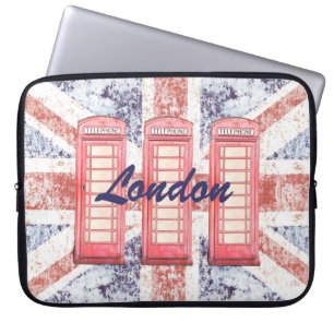 Red British phone booth on Union Jack background Laptop Sleeve