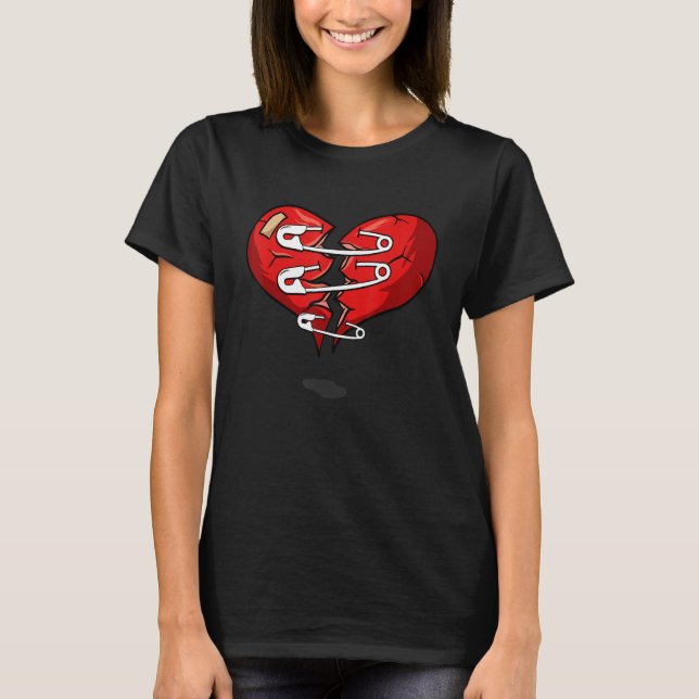 Red Broken heart and safety pins T-Shirt (Front)