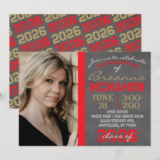 Red & Bronze Gold Chalkboard Graduation Invitation (Front/Back)