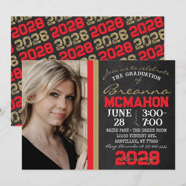 Red & Bronze Gold Chalkboard Graduation Photo Invitation (Front/Back)