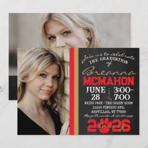 Red & Bronze Gold Paw Print Graduation 2 Photo Invitation