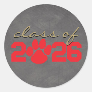 Red & Bronze Gold Pawprint Chalkboard Graduation Classic Round Sticker