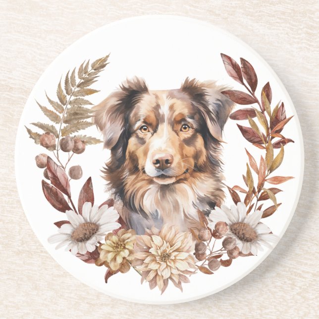 Red Brown Australian Shepherd Dog Autumn Wreath Coaster (Front)