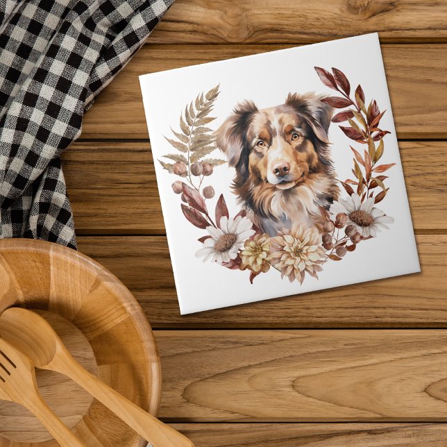 Red Brown Australian Shepherd Dog Autumn Wreath Tile (Creator Uploaded)