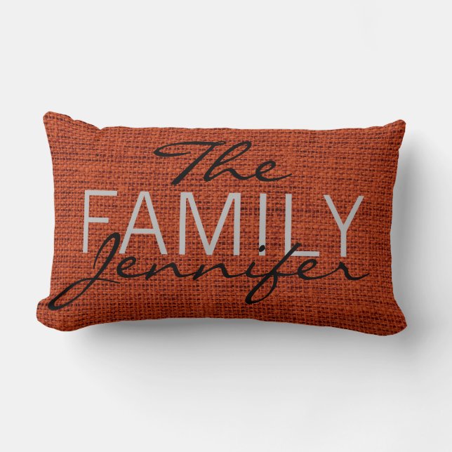 Red-brown Burlap Rustic Linen Monogram Lumbar Cushion (Front)