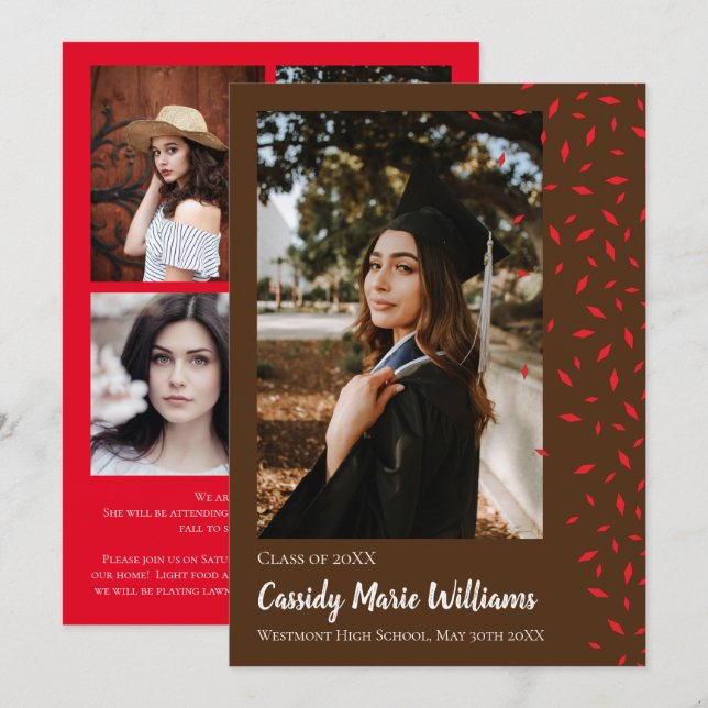 Red Brown Confetti Graduation Announcement (Front/Back)