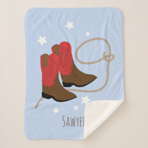 Red & Brown Cowboy Boots & Rope, Personalised Sherpa Blanket