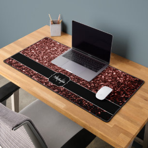 Red brown faux glitter sparkles Monogram Desk Mat