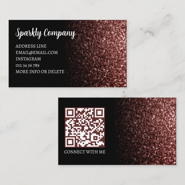 Red brown faux sparkle black elegant QR code Business Card (Front/Back)