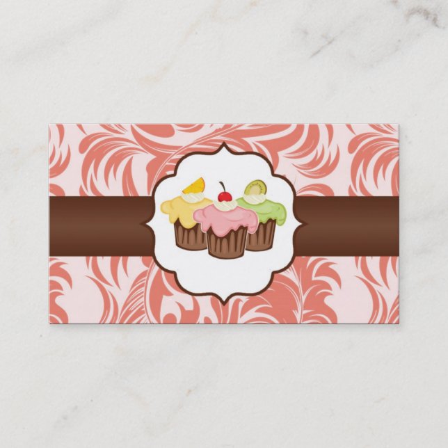Red & Brown Floral Cup Cake Bakery Business Card (Front)