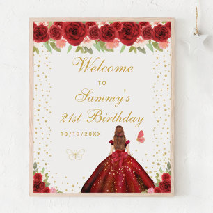 Red Brown Hair Girl Birthday Party Welcome Poster