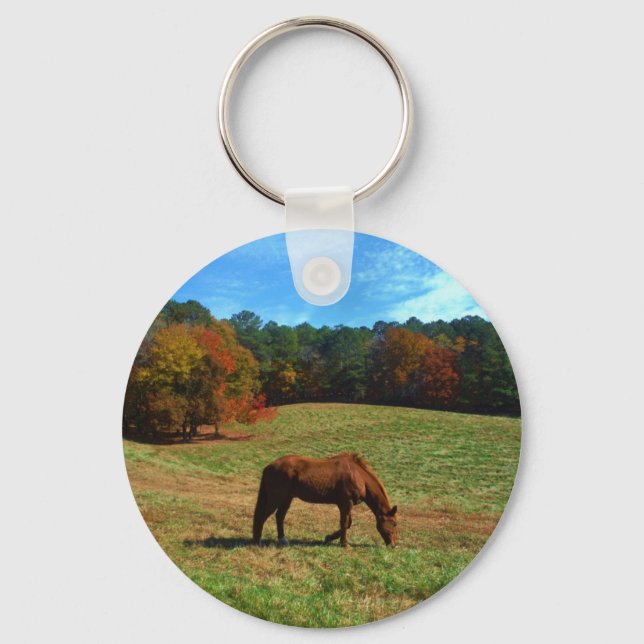 Red Brown horse, fall trees, blue skies Key Ring (Front)