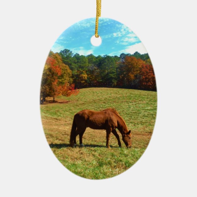 Red  Brown horse, Teal Blue sky Ceramic Tree Decoration (Front)