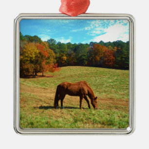 Red  Brown horse, Teal Blue sky Metal Tree Decoration