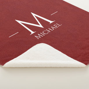 Red Brown Leather Look Custom Monogram Name Sherpa Blanket