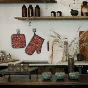 Red brown natural flower oven mitt & pot holder set