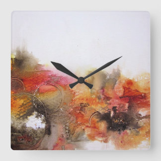 Red Brown Orange White Modern Abstract Art Square Wall Clock