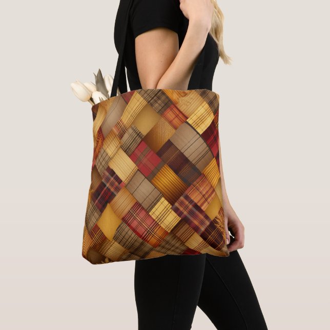 RED BROWN ORANGE YELLOW FALL PLAID PATTERN TOTE BAG (Close Up)