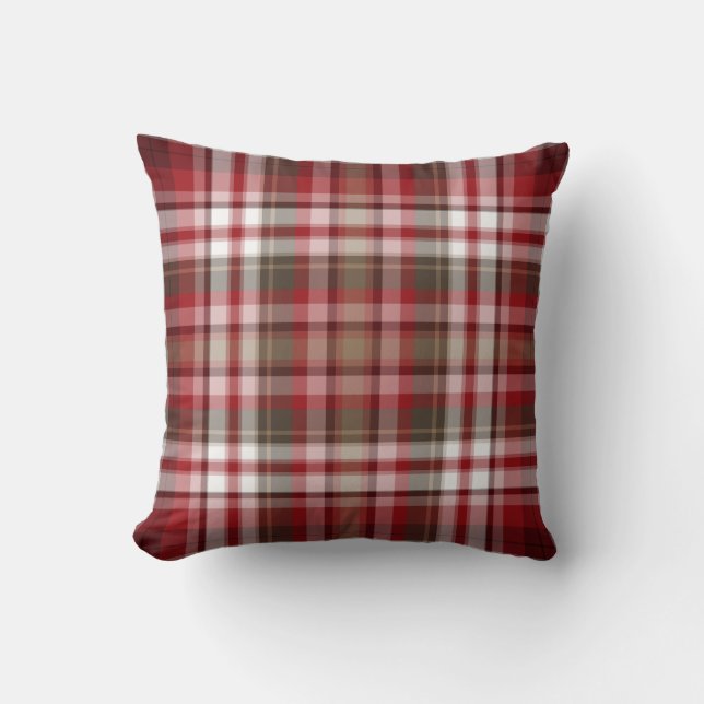 Red & Brown Plaid Throw Pillow by JoMazArt (Front)