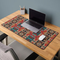 Red Brown Rust Orange Teal Blue Tribal Art Pattern