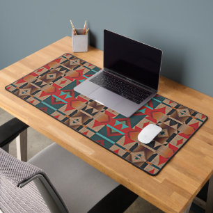 Red Brown Rust Orange Teal Blue Tribal Art Pattern Desk Mat