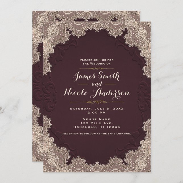 Red Brown Suede Leather Vintage Lace Wedding Invitation (Front/Back)