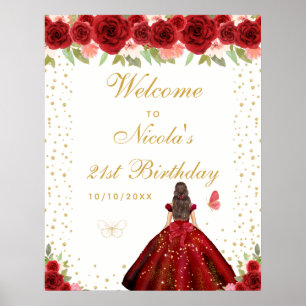 Red Brunette Hair Girl Birthday Party Welcome Poster