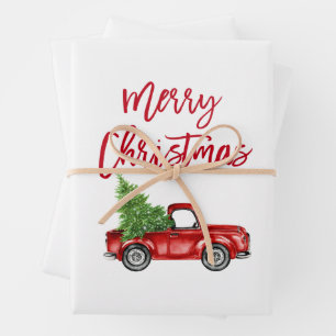 Red Brush Script Christmas Truck Wrapping Paper Sheet