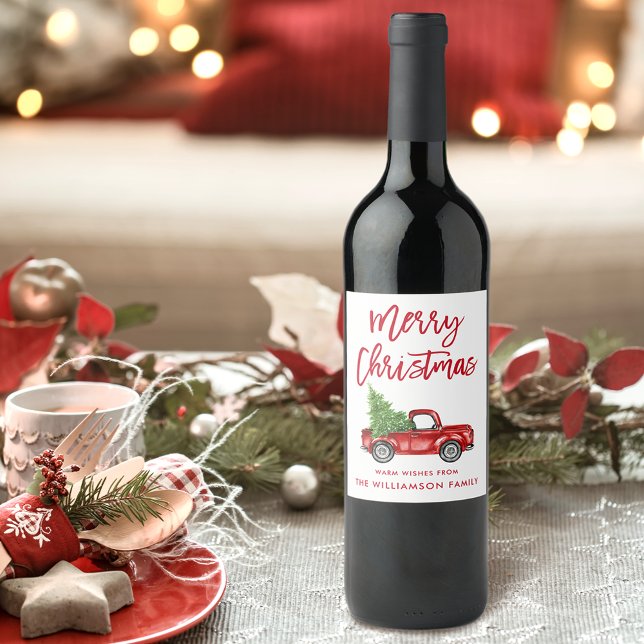 Red Brush Script Christmas Vintage Truck Wine Label (Customize to change your personalized text size or text style.)