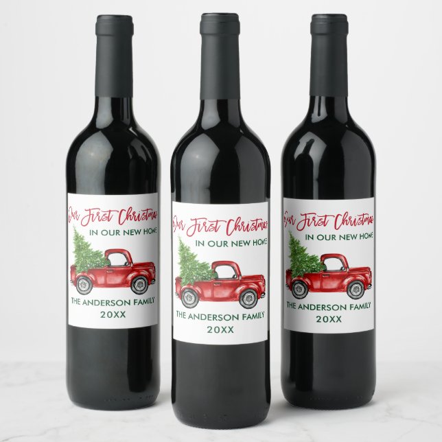 Red Brush Script First Christmas New Home Truck Wine Label (Bottles)