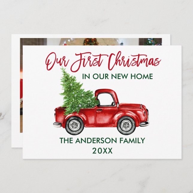 Red Brush Script Truck First Christmas Home Photo Holiday Card (Front/Back)