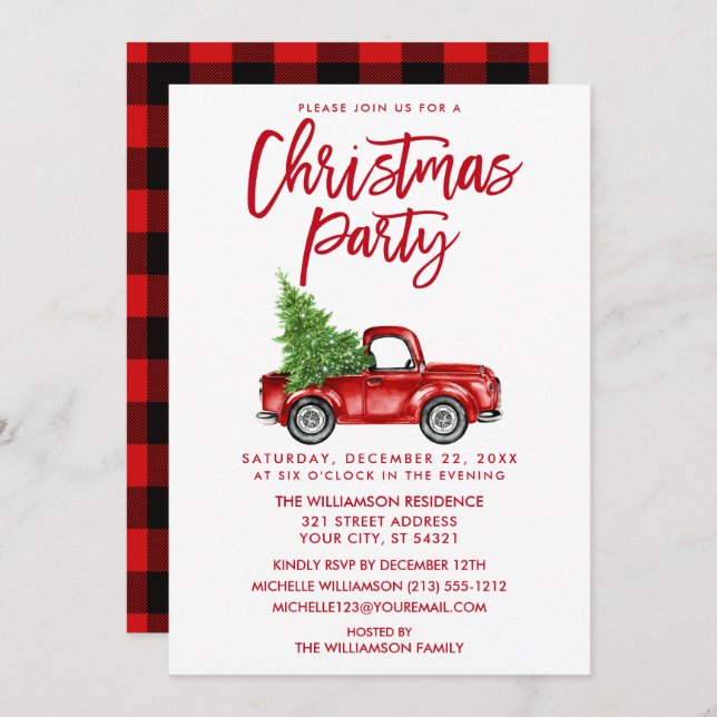 Red Brush Script Truck Plaid Christmas Party Invitation (Front/Back)