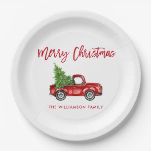 Red Brush Script Vintage Red Truck Christmas Paper Plate