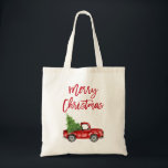 Red Brush Script Vintage Red Truck Christmas Tree Tote Bag<br><div class="desc">Modern Brush Script Merry Christmas Watercolor Vintage Red Truck with Christmas Tree Tote Bag</div>