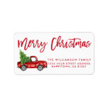 Red Brush Script Vintage Truck Christmas Label<br><div class="desc">Brush Script Watercolor Vintage Red Truck with Christmas Tree - Merry Christmas Family Return Address Label</div>