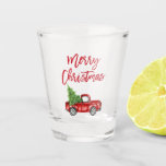 Red Brush Script Vintage Truck Christmas Shot Glass<br><div class="desc">Brush Script Watercolor Vintage Red Truck with Christmas Tree - Merry Christmas Shot Glass</div>