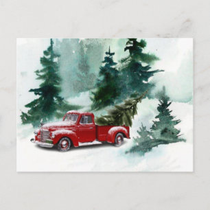 Red Brush Script Vintage Truck Christmas Tree Holiday Postcard