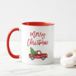Red Brush Script Vintage Truck Christmas Tree Red Mug<br><div class="desc">Red Brush Script Watercolor Vintage Red Truck with Christmas Tree  Mug</div>